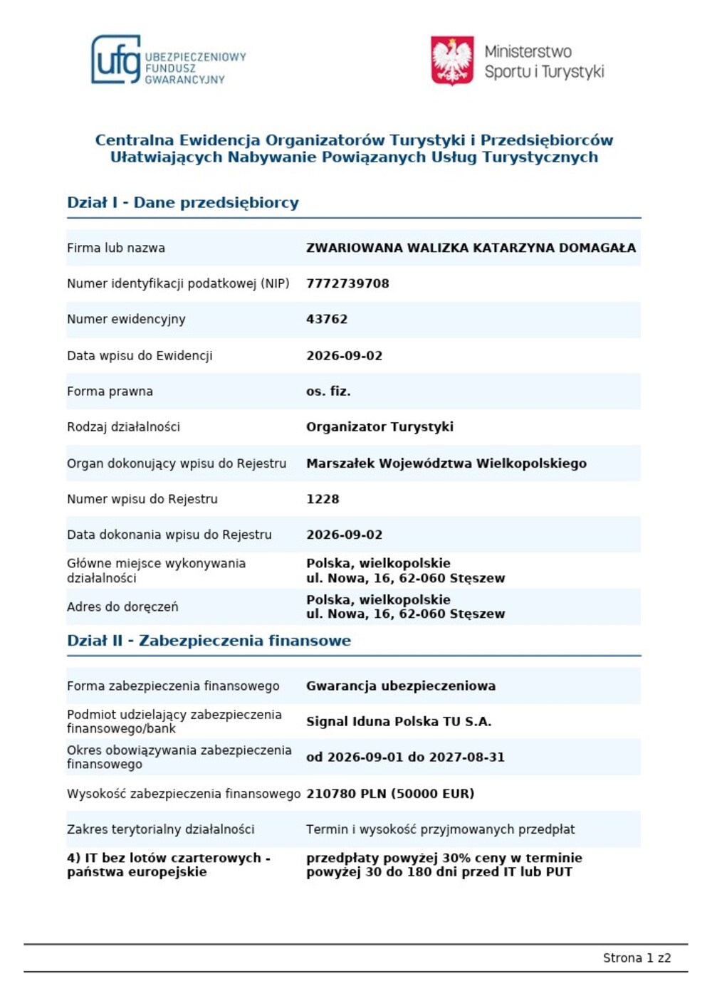 Wydruk z Centralnej Ewidencji Organizatorów Turystyki — dane przedsiębiorcy i zabezpieczenia finansowe Zwariowana Walizka Katarzyna Domagała